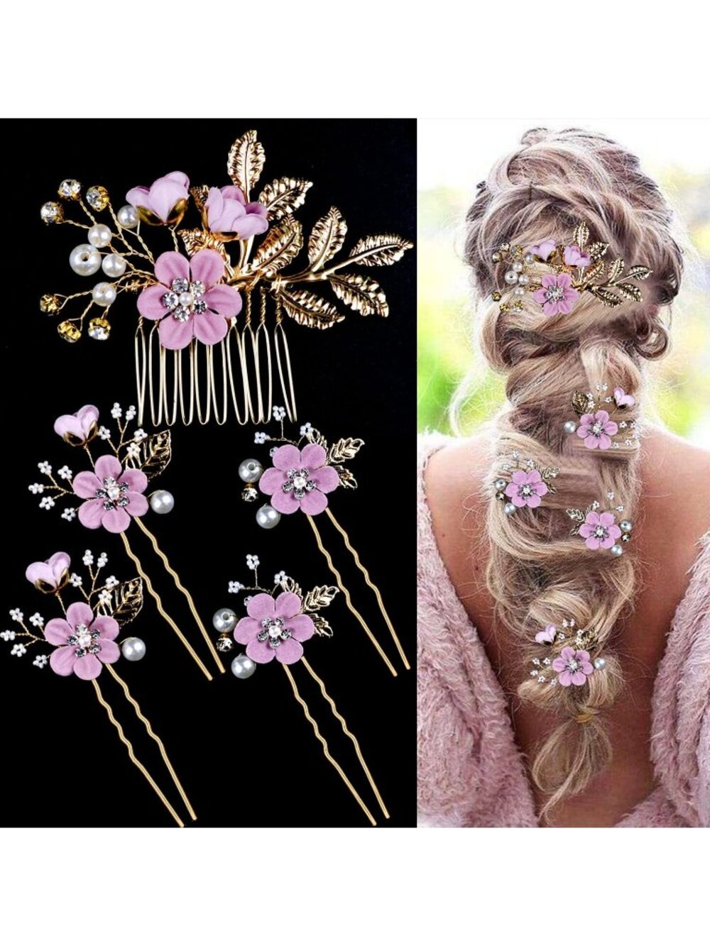 Women's Lilac Purple Rhinestone Bridesmaids Crystal Jewellery Pearl Hair Clip